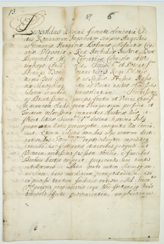  Drugi list cesarza Leopolda I wzywający króla Jana III Sobieskiego do przybycia z pomocą pod Wiedeń
