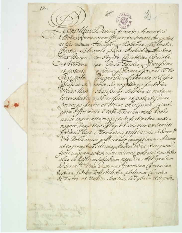 Pierwszy list cesarza Leopolda I wzywający króla Jana III Sobieskiego do przybycia z pomocą pod Wiedeń