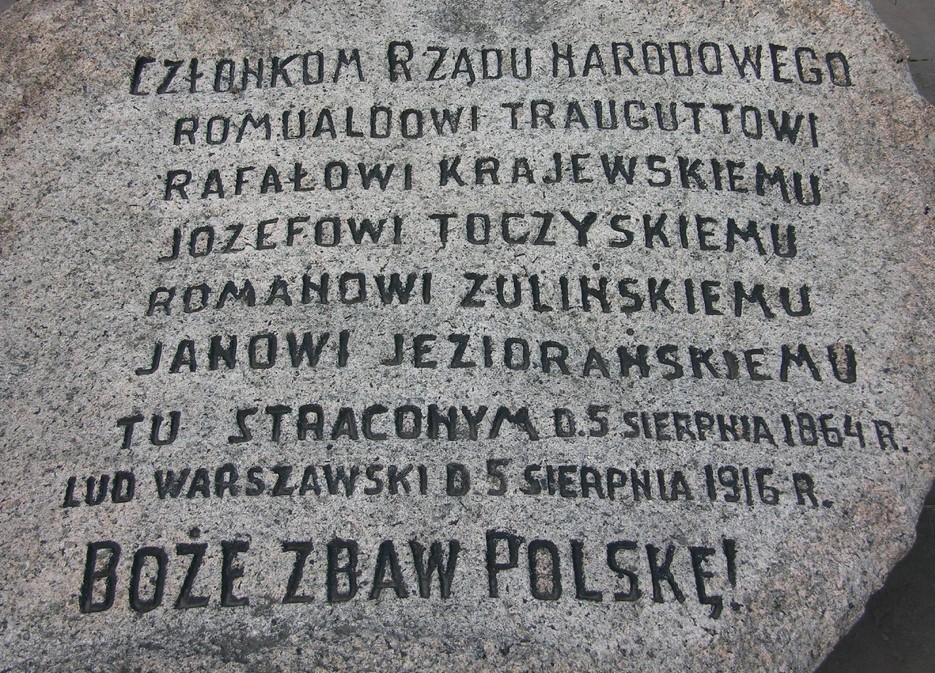 Upamiętnienie w miejscu stracenia członków Rządu Narodowego w powstaniu styczniowym: Romualda Traugutta, Rafała Krajewskiego, Józefa Toczyńskiego, Romana Żulińskiego i Jana Jeziorańskiego, park im. Romualda Traugutta w Warszawie