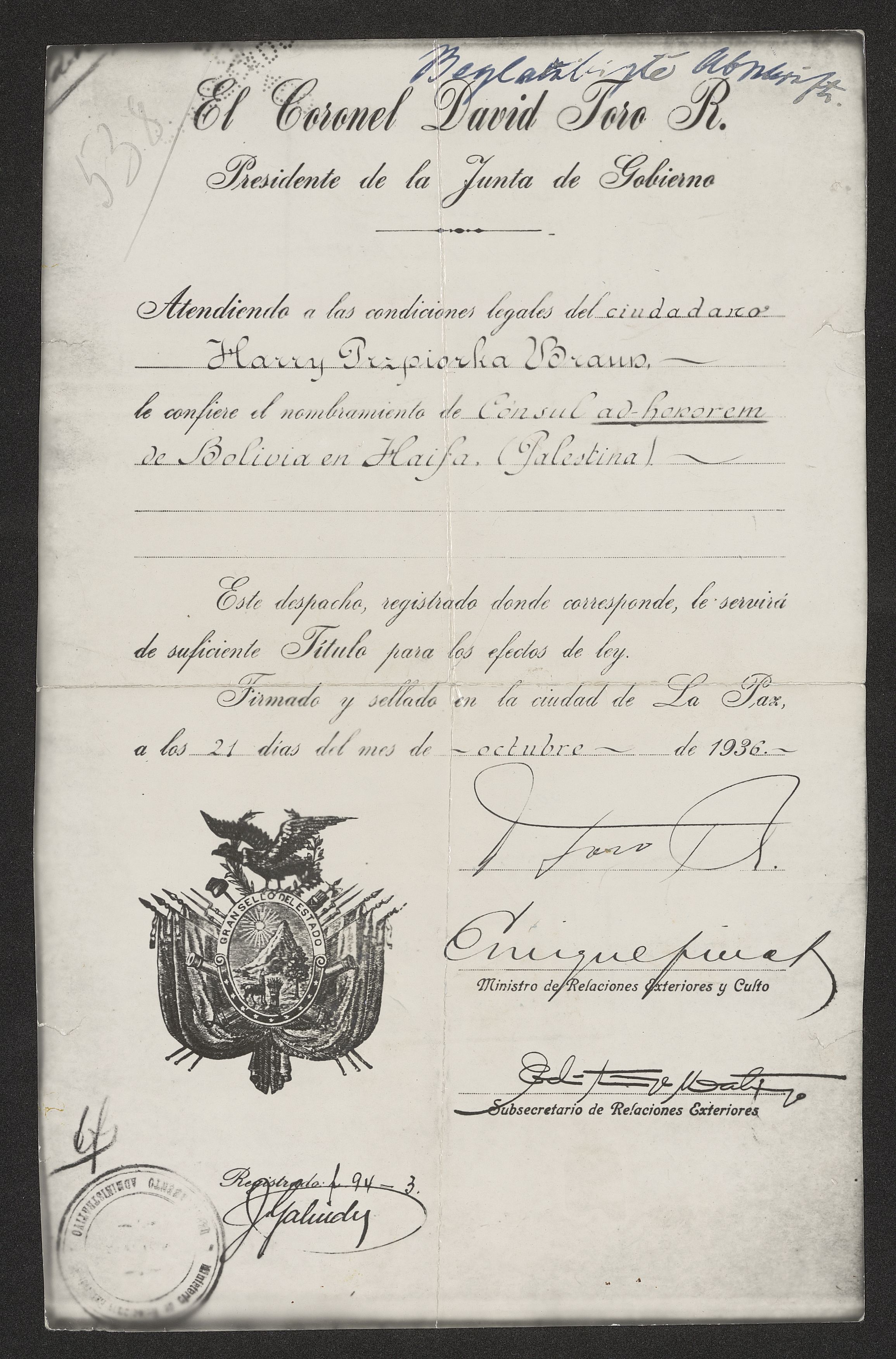 Akt nominacji na konsula honorowego oraz paszport Harry'ego Przepiórki Brauna